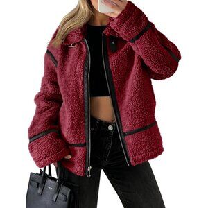 Women's Faux Fur Jacket Trendy Sherpa Moto Leather Patchwork Zip Up Burgundy